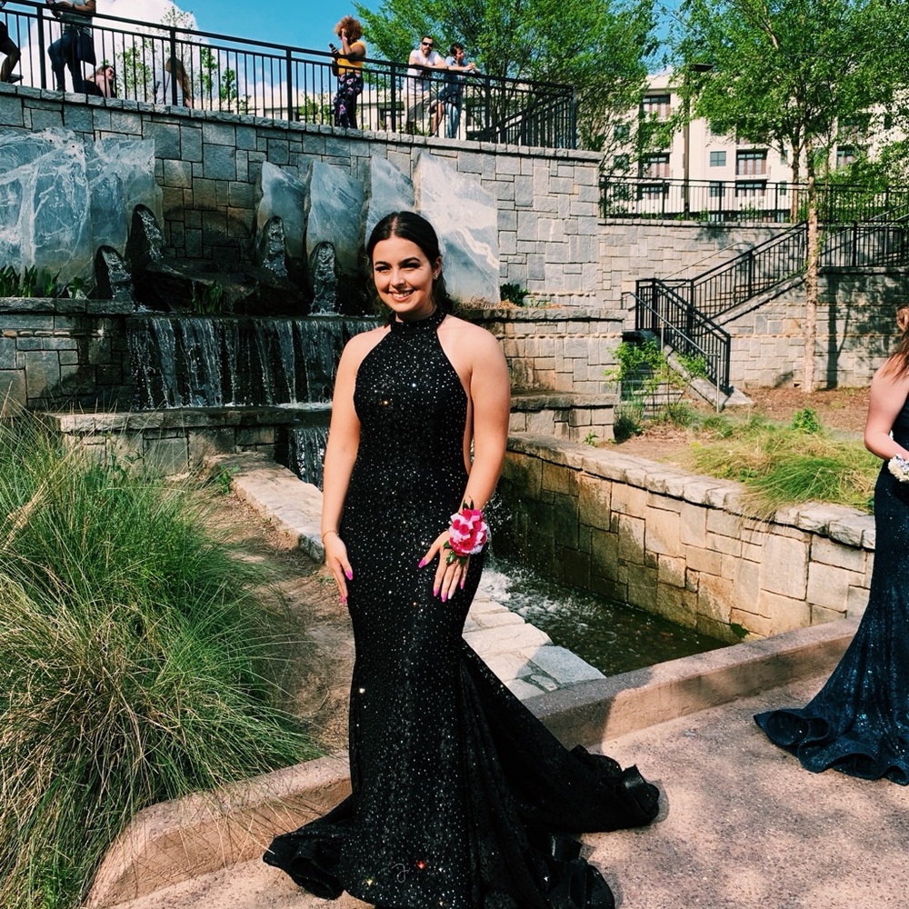 Jovani Black Sequin Mock Neck Mermaid Gown with Train and Mesh Panels